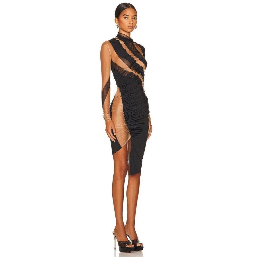 Mugler Swirling Patchwork Dress in Multicolor Black 36 4 New Womens long sleeve